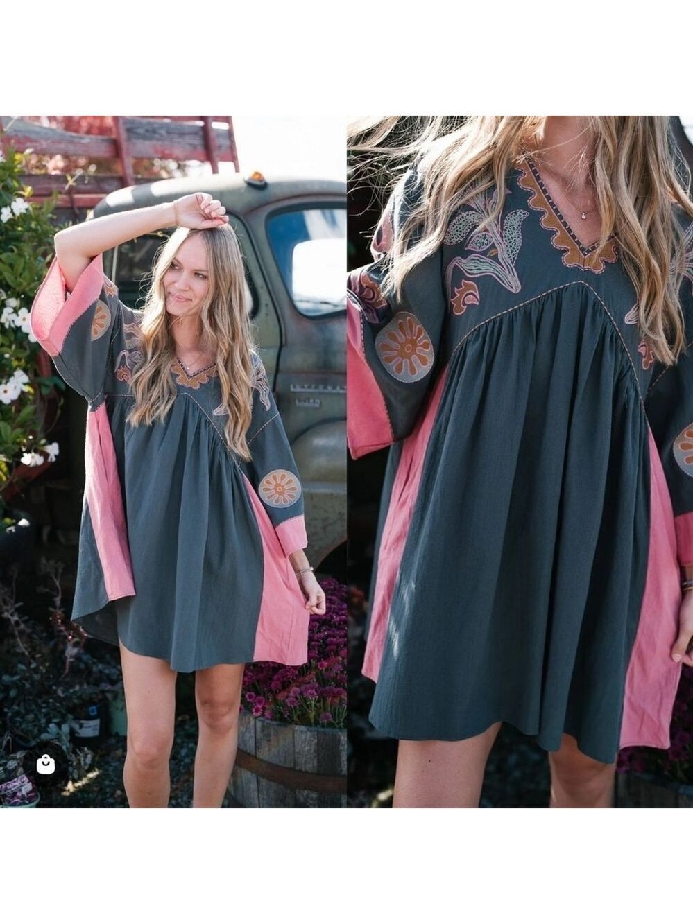 NWT Easel Boho Floral Embroidered Gray Pink Linen Wide Sleeves Dress